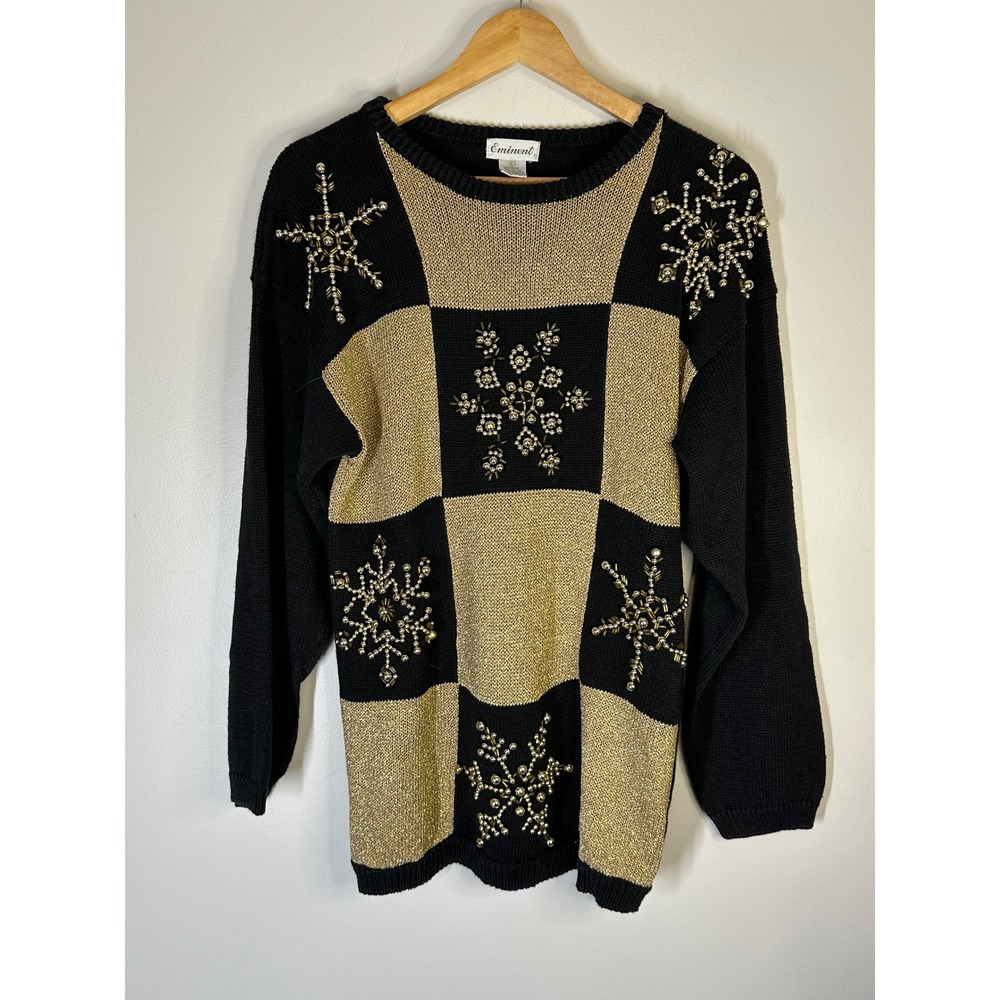 Eminent Vintage Metallic Snowflake Beaded Christmas Sweater Womens L Holiday